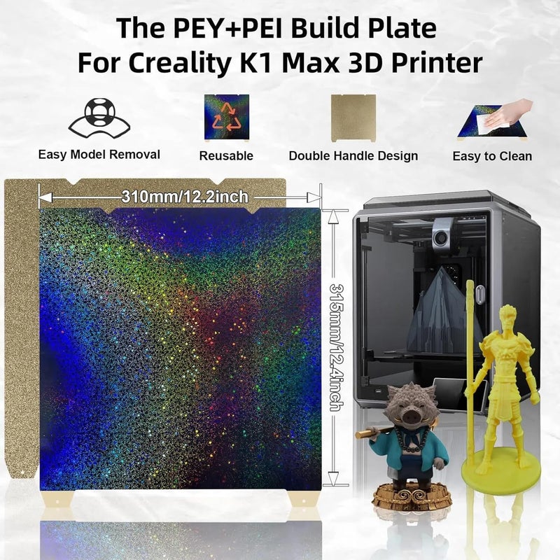 IdeaFormer-3D لوحة بناء PEY+PEI ذات القوام النجمي قوس قزح لطابعة Creality K1 Max/Ender 3 V3 Plus، لوحة فولاذية مرنة مزدوجة الجوانب PEY PEI بدون لوحة سرير مغناطيسية 315x310 مم - Image 4